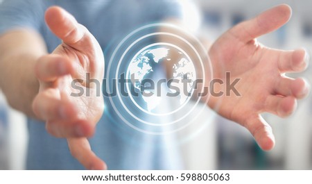 Businessman on blurred background using web interface to surf on internet 3D rendering