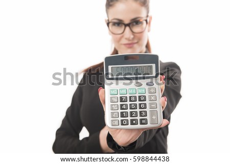 Accountant business woman showing a calculator