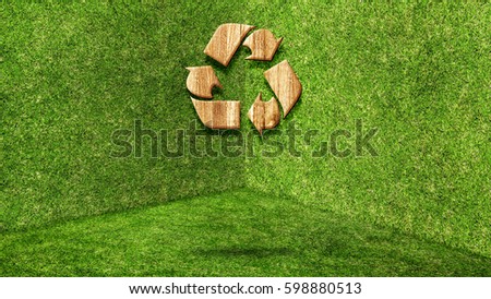 Eco concept ,Wood texture Recycle icon(3d rendering) on green grass perspective corner room,leave space for add your text.