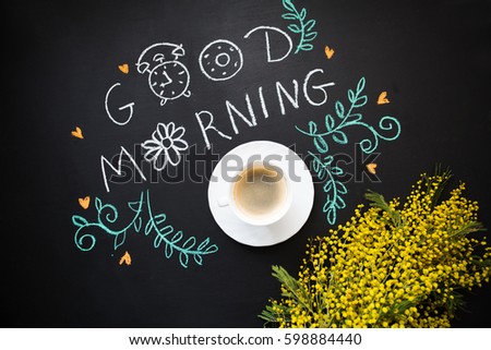 morning spring still life with a cup of coffee a mimosa. Good morning.