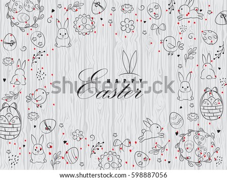 Template vector card with eggs, rabbit and flowers on wood texture background. Happy Easter. Doodles elements