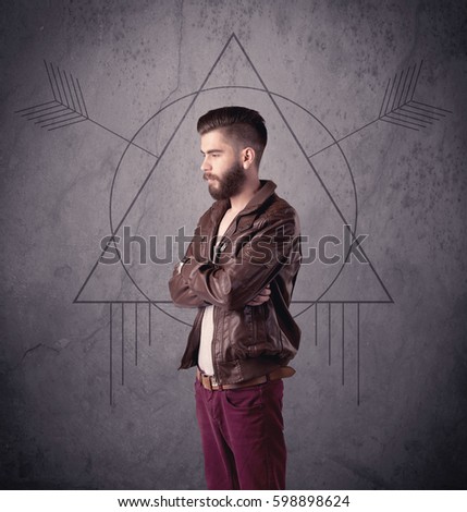 A young hipster male in modern clothes standing in front of an urban wall with modern sign illustration concept