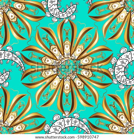 Seamless damask classic white and golden pattern. Vector abstract background with repeating elements. Golden pattern on blue background with golden elements.