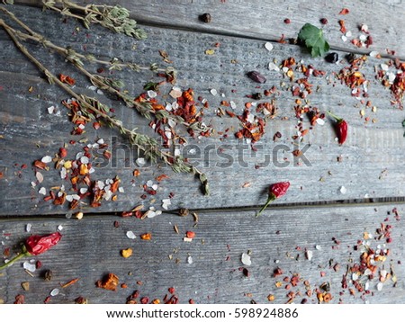 spices, salt, spicy are red pepper on a wooden table