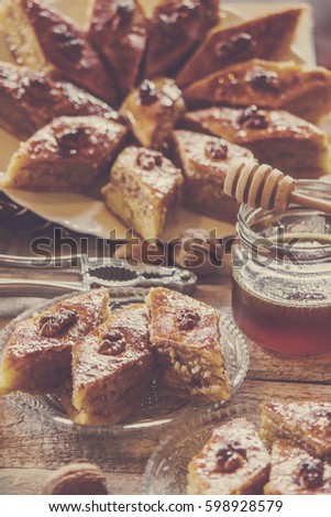 baklava honey and tea. selective focus.