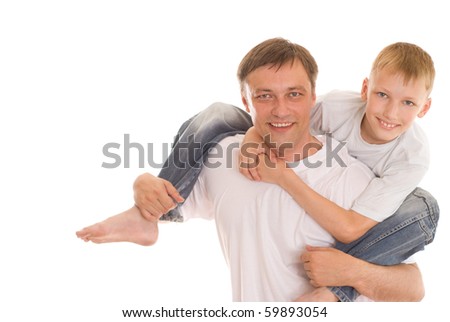 happy father and son on a white