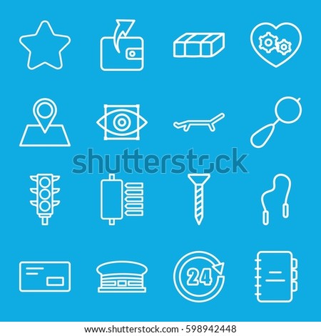 element icons set. Set of 16 element outline icons such as garden bench, airport, beanbag, star, Wallet, screw, location pin, traffic light, gear heart, 24 hours, envelop