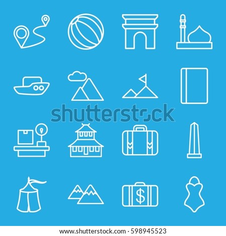tourism icons set. Set of 16 tourism outline icons such as passport, mosque, Arc de Triomphe, monument, temple, boat, Money case, distance, lugagge weight, luggage, mountain