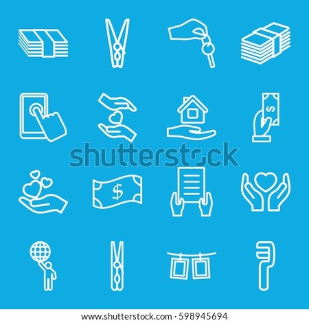 hold icons set. Set of 16 hold outline icons such as Payment, cloth pin, home care, holding document, clamp, hands holding heart, photos on rope, hand with key, money, crown