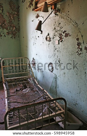 Pripyat near Chernobyl Nuclear Power Plant. The abandoned room in the hospital building.