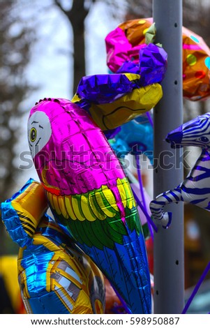 Inflatable balloons and toys on a holiday Maslenitsa