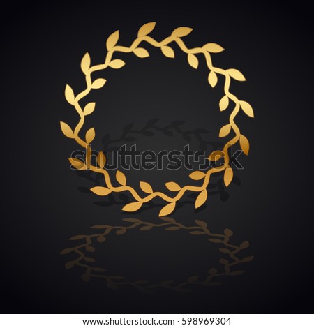 Gold laurel wreath with  shadow and reflection on black background.
