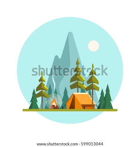 Summer camp. Landscape with yellow tent, campfire, forest and mountains in the background. Sport, camping, adventures in nature, vacation, and tourism vector illustration.