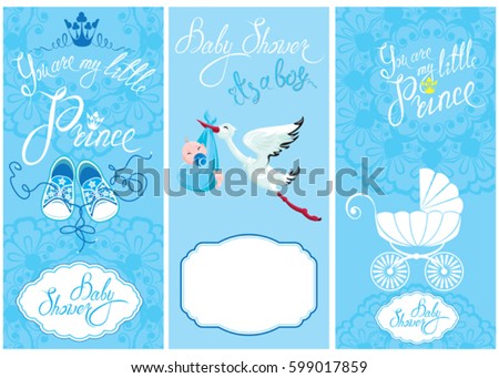  Baby boy Shower Set. Party Decoration, Scrapbook, invitation card. Calligraphic text You are my little prince, stork, baby, frames. Vintage elements for invitation, card, flyer, etc.