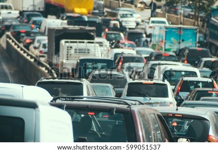 Traffic jam collapse, cars on highway Royalty-Free Stock Photo #599051537