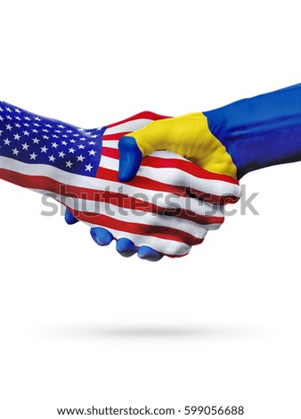 Flags United States and Barbados countries, handshake cooperation, partnership and friendship or sports competition isolated on white