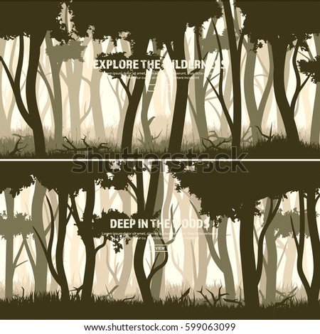 Trees set. Wild pine forest, nature background. Wood.Vector illustration.Banner. Dark green tree. Landscape.Grass,meadow.