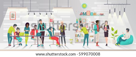 Concept of the coworking center. Business meeting. Multicultural team. Shared working environment. People talking and working  at the computers in the open space office. Flat design style.  Royalty-Free Stock Photo #599070008