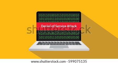 denial of service attack dos concept illustration with laptop comuputer and text banner on screen with flat style and long shadow Royalty-Free Stock Photo #599075135