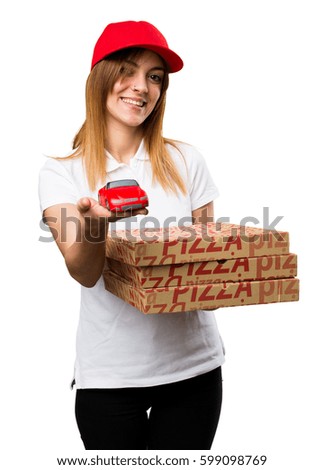 Pizza delivery woman holding little car