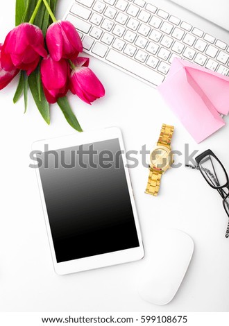 Still life of fashion woman, objects on white background