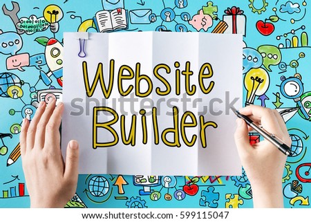 Website Builder text with hands and colorful illustrations