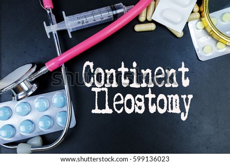 Continent Ileostomy word, medical term word with medical concepts in blackboard and medical equipment