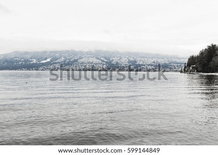 Stanley park during winter storm, 2016. Water and mountain views, North Vancouver, BC, Canada.
