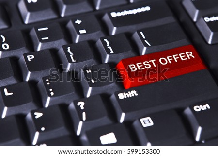 Closeup of modern keyboard with text of best offer in the red button
