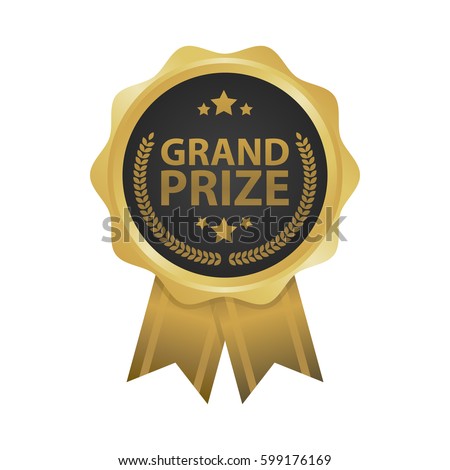 Grand prize win gold badges vector illustration. Royalty-Free Stock Photo #599176169