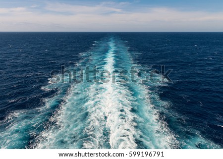Wake from a Cruise Ship on the Pacific Ocean, Baja California, Mexico Royalty-Free Stock Photo #599196791