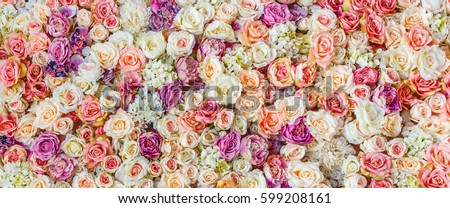 Flowers wall background with amazing red and white roses, Wedding decoration, hand made Royalty-Free Stock Photo #599208161