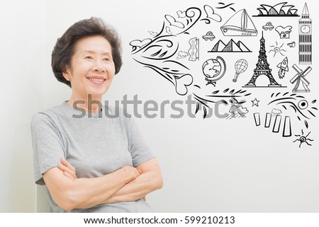 asian old woman with freehand show thinking about travel landmark.