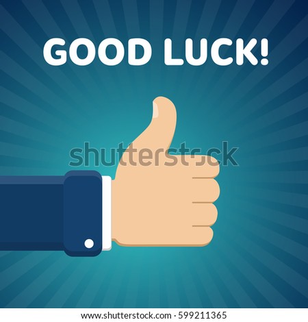 Finger up vector illustration with "Good luck" text on blue radial gradient background. Thumb up image. Like gesture.