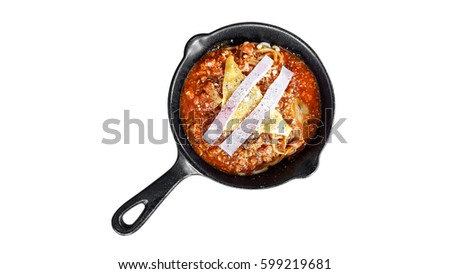Homemade pasta in pan isolated on white background.