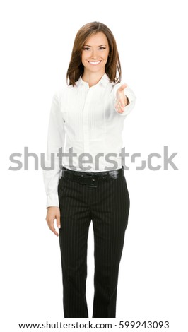 Businesswoman giving hand for handshake, isolated on white background. Success in business, job and education concept studio shot.