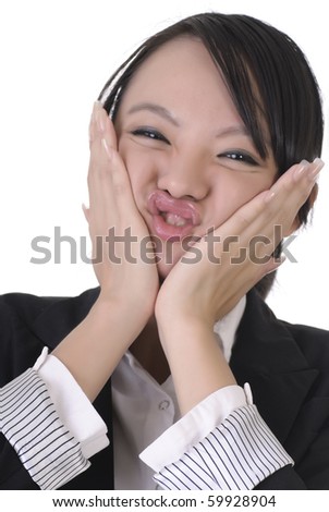 Young business woman with wry face on white background.