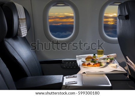 Tray of food on the airplane, business class