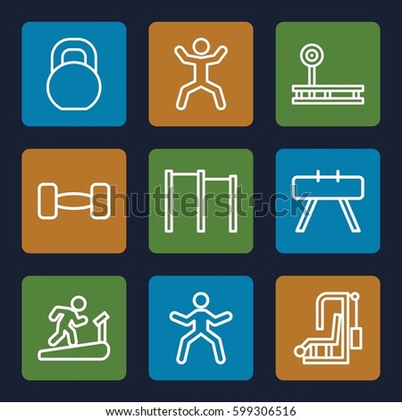 workout icons set. Set of 9 workout outline icons such as squat, barbell, horizontal bar, fintess equipment, man doing exercises, man on treadmill