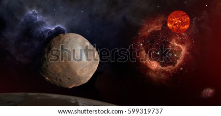 Fantasy composition of Phobos, the satellite of Mars. The old Sun shines over the RCW 79 nebula in the Centaurus constellation. Elements of this image furnished by NASA. Royalty-Free Stock Photo #599319737