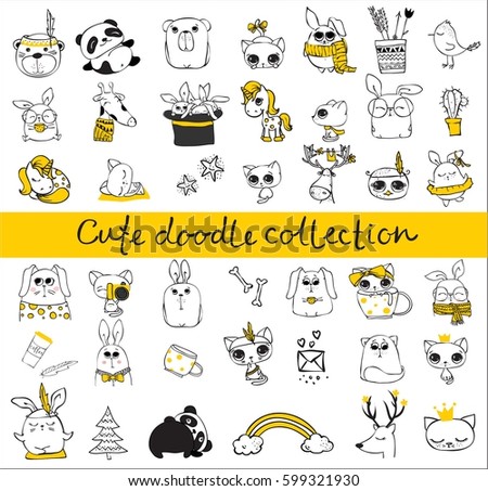 Cute doodle collection. Simple design of cute animals, birds, flowers and other design elements perfect for kid's card, banners, stickers and other kid's things.