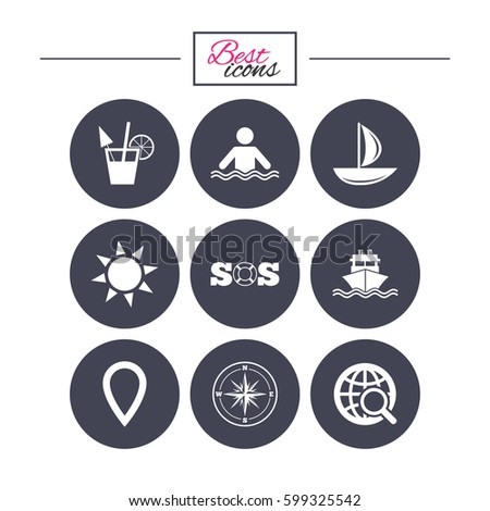 Cruise trip, ship and yacht icons. Travel, cocktail and sun signs. Sos, windrose compass and swimming symbols. Classic simple flat icons. Vector