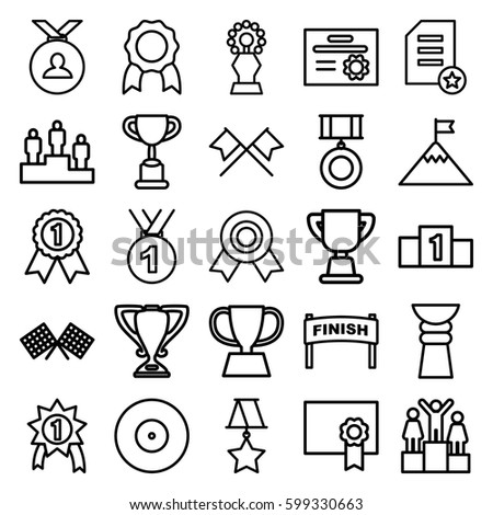 winner icons set. Set of 25 winner outline icons such as medal, diploma, trophy, finish flag, ranking, flag on mountain, number 1 medal, crossed flags, target