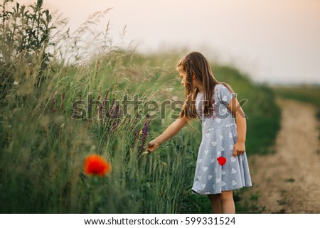 Beautiful little girl in a meadow on beautiful sunny day, picking and holding a poppy flower