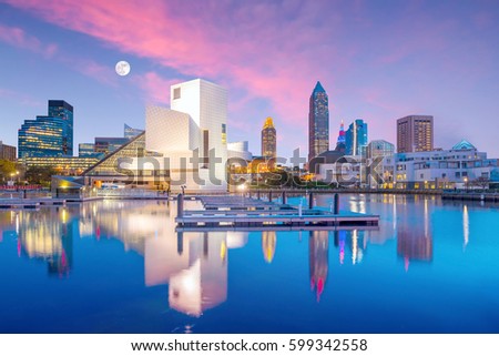 Downtown Cleveland skyline from the lakefront in Ohio USA