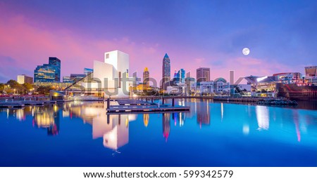 Downtown Cleveland skyline from the lakefront in Ohio USA Royalty-Free Stock Photo #599342579