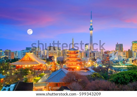 View of Tokyo skyline with Senso-ji Temple and Tokyo skytree at twilight in Japan.
 Royalty-Free Stock Photo #599343209