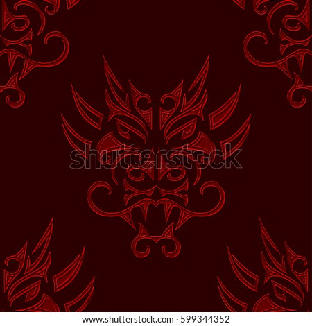 Seamless black pattern with hand drawn red dragon head stylized Maori face tattoo. Vector