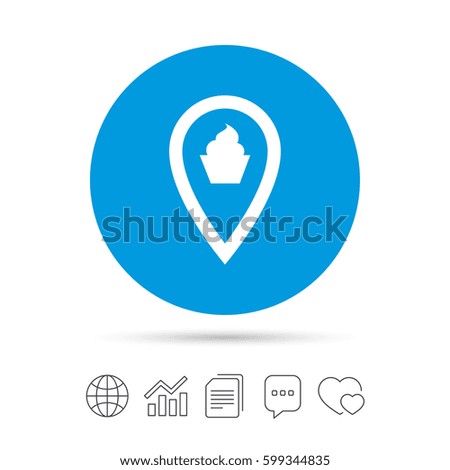 Map pointer food sign icon. Restaurant location marker symbol. Copy files, chat speech bubble and chart web icons. Vector