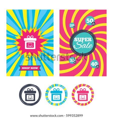 Sale banners and labels. Special offer tags. Gift box sign icon. Present with notebook pc symbol. Colored web buttons. Vector